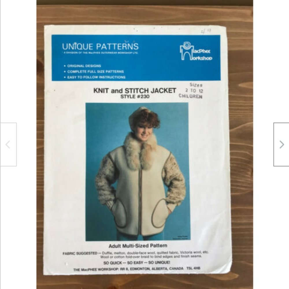 MacPhee Sewing Pattern #230 Knit & Stitch Children's Jacket w/Hand Knit Sleeves